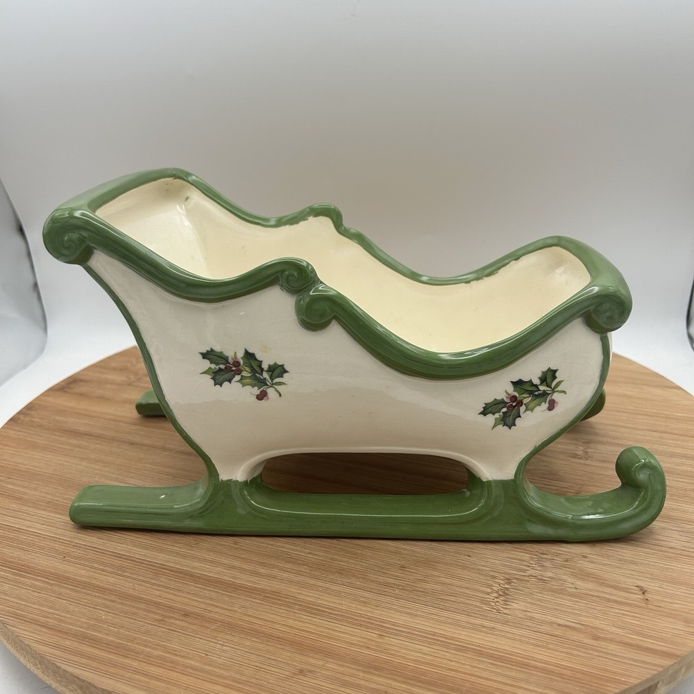 Vintage Holiday Sleigh Holly Berries Christmas Decor Studio Pottery Signed